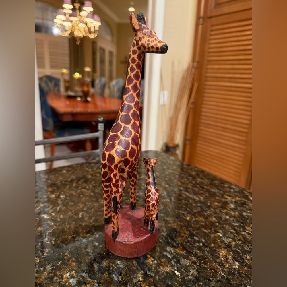 Handcrafted Wooden Giraffe Figurine with Baby - Picture 7 of 7